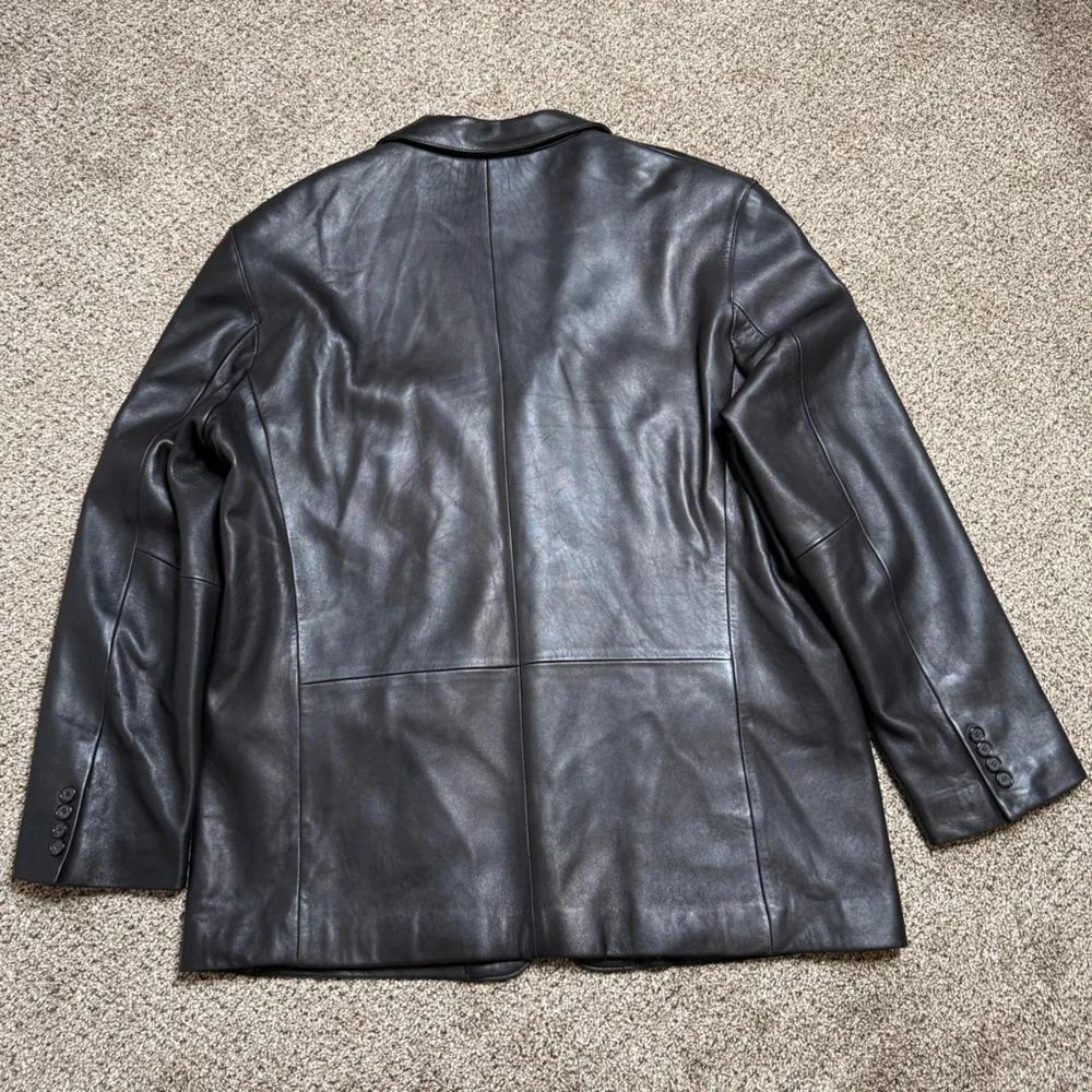 Nordstrom Black Lamb Leather Blazer Italian Made Three Button Jacket Size 46R